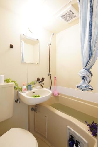 a bathroom with a sink and a tub and a toilet at Kameari 1108 Budget Stay High Floor Near Station Mall Disney Access in Tokyo
