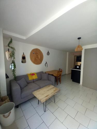 ein Wohnzimmer mit einem Sofa und einem Tisch in der Unterkunft Le cosy in Clermont-lʼHérault
