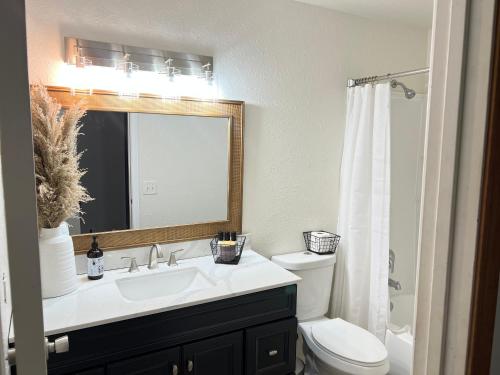 W łazience znajduje się umywalka, toaleta i lustro. w obiekcie Alaskan Retreat: 3bd Apartment w mieście Fairbanks