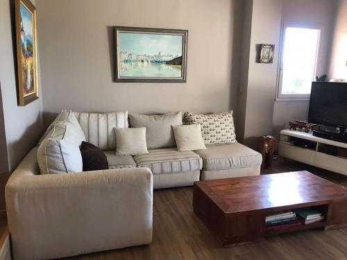 un salon avec un canapé et une table basse dans l'établissement Bel appartement tout confort en bord des plages, à Anglet