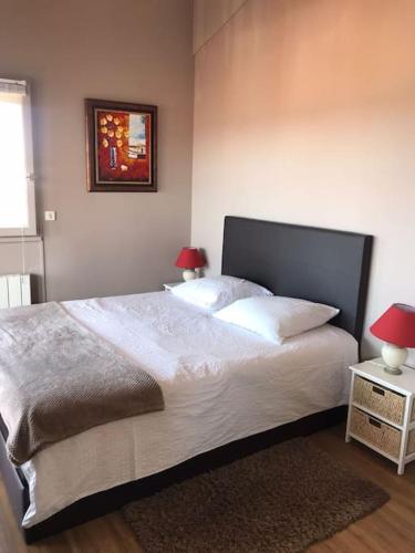 une chambre avec un grand lit blanc avec deux lampes dans l'établissement Bel appartement tout confort en bord des plages, à Anglet