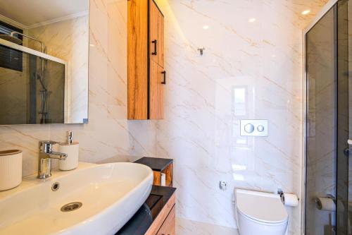 een badkamer met een wastafel, een toilet en een douche bij Eosa Homes - Fethiye in Fethiye