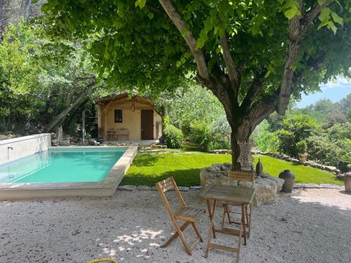 una piscina con 2 sillas, una mesa y un árbol en Chambre d'hôtes Cabanon à 10 min d'Aix-en-Provence, en Aix-en-Provence