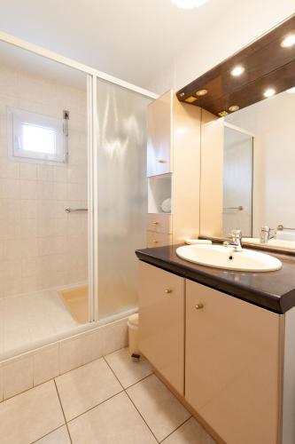 une salle de bain avec un lavabo et une douche dans l'établissement Nominoé - Terrasse - Parking - Ascenseur - Calme, à Vannes