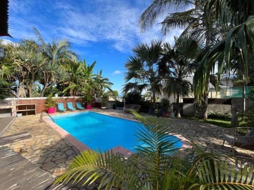 uma piscina num quintal com palmeiras em La Kaz Isle Bourbon em Saint-Pierre