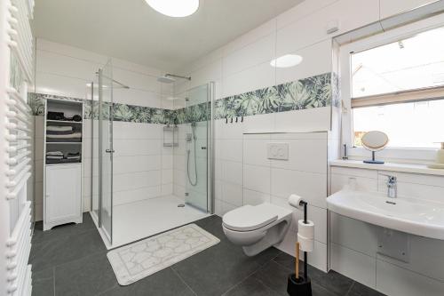 a bathroom with a toilet and a sink and a shower at Ferienwohnung Hopf in Bad Liebenstein