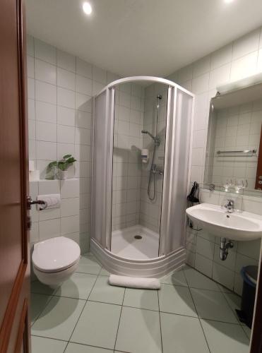 美國魯穆尼卡的住宿－Villa Cassandra，带淋浴、卫生间和盥洗盆的浴室