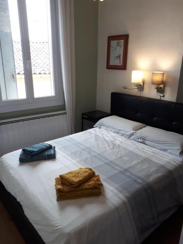 - une chambre avec un lit et 2 serviettes dans l'établissement Le Petit Rochereau, à LʼIsle-sur-la-Sorgue