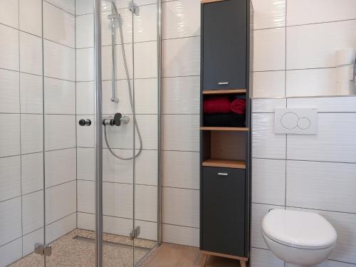 a bathroom with a shower and a toilet at Ferienhaus Heidenest, mit E-Bike Vermietung in Buchholz in der Nordheide
