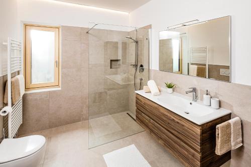 a bathroom with a sink and a shower and a toilet at Appartement Irene in Caldaro