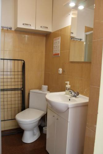 La salle de bains est pourvue de toilettes et d'un lavabo. dans l'établissement Apartament Konrad w centrum 600 m od morza, à Kołobrzeg