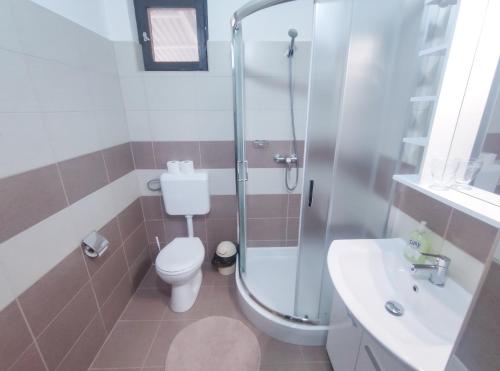 a bathroom with a shower and a toilet and a sink at Viktória Panzió Zamárdi in Zamárdi