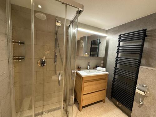 une salle de bain avec une douche avec un lavabo et une douche dans l'établissement Oasis - APT A07 - BO IMMOBILIER- Châtel - Multipass été en option à 3e par jour et par personne, à La Chapelle-dʼAbondance