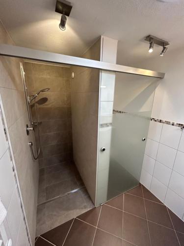 a shower with a glass door in a bathroom at Haus Schmetterling in Alpbach