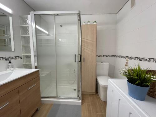 La salle de bains est pourvue d'une douche en verre et de toilettes. dans l'établissement Estudio con vistas, à Torremolinos