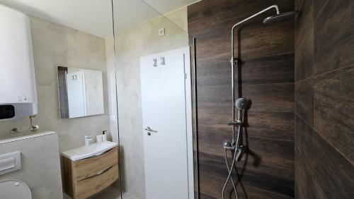 a bathroom with a shower with a toilet and a sink at Casa Mili - Ante & Marta in Jezera