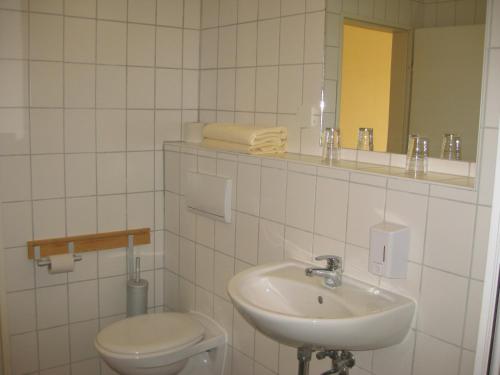 a bathroom with a sink and a toilet and a mirror at Doppelzimmer 11 Gästehaus Mühlenstein in Bad Sülze