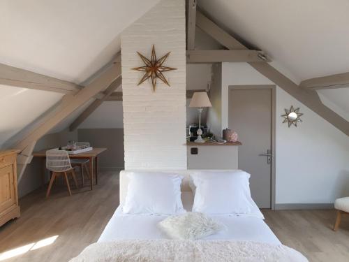 a bedroom with a white bed in a attic at Studio des Enfants in Honfleur