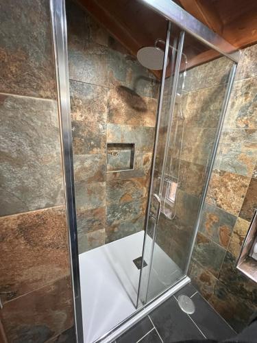 a shower with a glass door in a bathroom at Casa Largo S Lourenço e Casa da Videira in Mazes