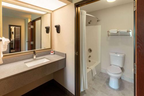 a bathroom with a sink and a toilet and a mirror at Super 8 by Wyndham Garland/Rowlett/East Dallas area in Garland