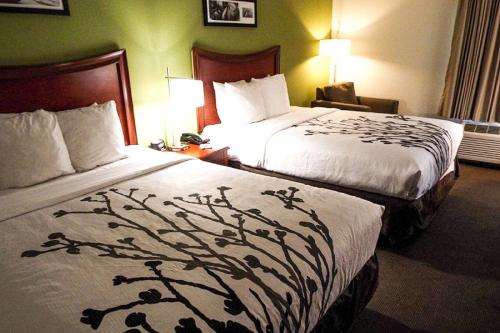 a hotel room with two beds and a desk with a chair at Sleep Inn & Suites Laurel near Fort Meade in Laurel