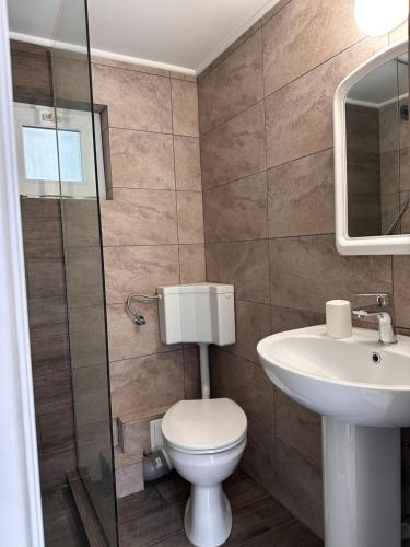 a bathroom with a toilet and a sink at Camere de inchiriat Sibel in Costinesti