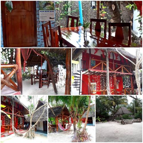 a collage of four pictures with chairs and a house at Karibu Paradaizi in Michamvi
