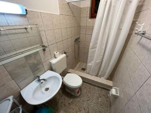 uma casa de banho com um WC, um lavatório e um chuveiro em Robinson Ina 2 em Selca kod Bogomolja