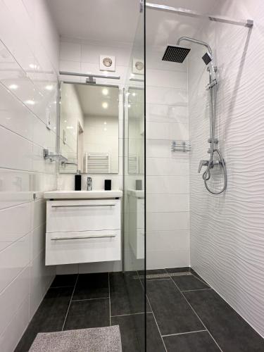 a white bathroom with a shower and a sink at Vár Apartman in Eger