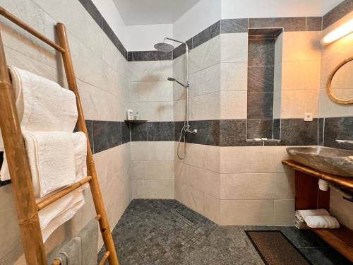 a bathroom with a shower and a sink at La Carangaise in Saint-Pierre