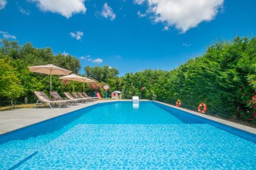 a swimming pool with chairs and an umbrella at Villa Andreas A Private Paradise in Mouzákion