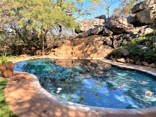 a swimming pool with blue water in a yard at Family Lodge in Natural African Bush - 2115 in Bulawayo