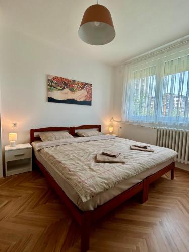 ein Schlafzimmer mit einem großen Bett in einem Zimmer mit Fenstern in der Unterkunft Victoria Apartment Skopje in Skopje