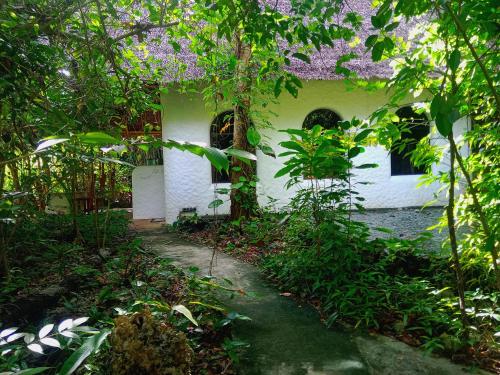 a garden with a white building with purple flowers at Kim's Garden in Anda