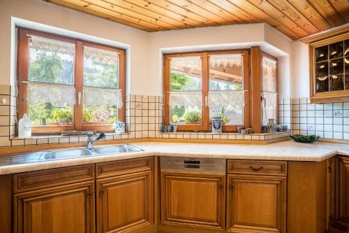 eine Küche mit Holzschränken und Fenstern sowie einem Waschbecken in der Unterkunft Klausenhansenhof in Wolfach