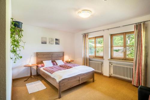 1 dormitorio con 1 cama y 2 ventanas en Klausenhansenhof, en Wolfach