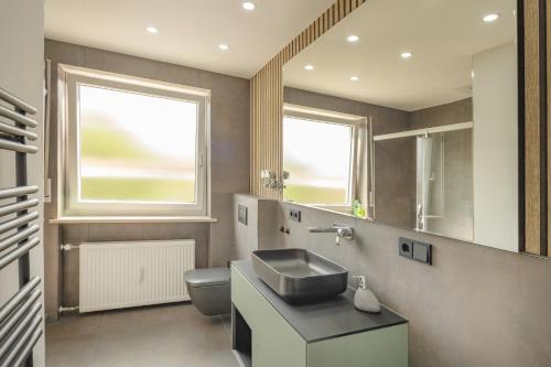 a bathroom with a sink and a toilet and a window at SweetHome - DAH02 - LUXUS PUR Apartment, Küche, TV in Dachau