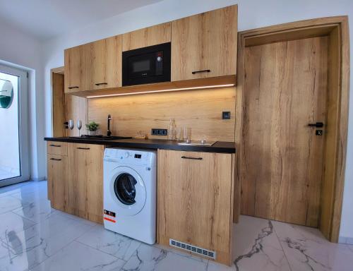 uma máquina de lavar e secar roupa num quarto com uma parede de madeira em Villa Bauhaus Wellness Apart-Hotel em Siófok