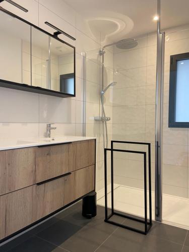 une salle de bain avec une douche, un lavabo et un miroir dans l'établissement Appartement avec terrasse vue mer, parking privé (lgt B), à Ploemeur