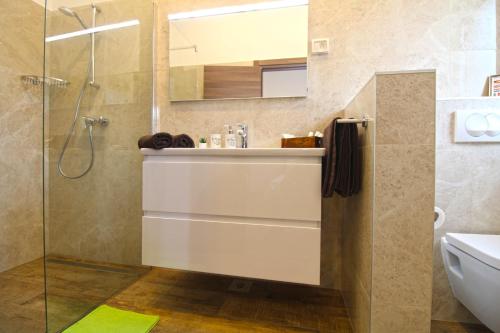 y baño con lavabo y ducha. en Villa Olgica 2269, en Pula