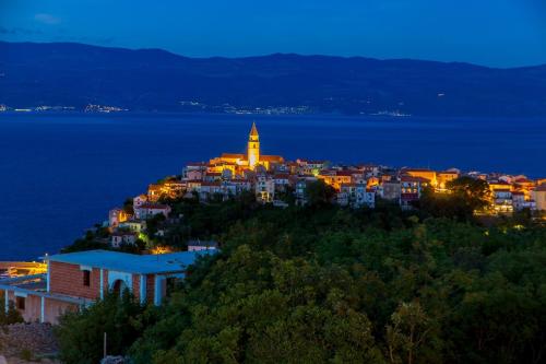 a town on top of a hill at night at Villa Giulietta in Vrbnik
