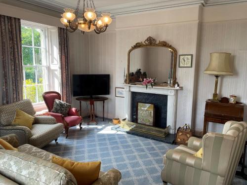a living room with a fireplace and a mirror at Willowbank House & Farm in Keady
