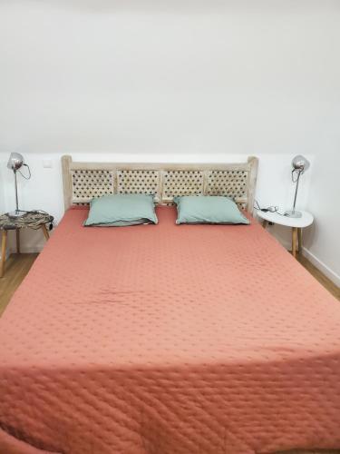 1 cama con edredón de naranja y 2 almohadas en Corbara ,Pietralta, en Corbara