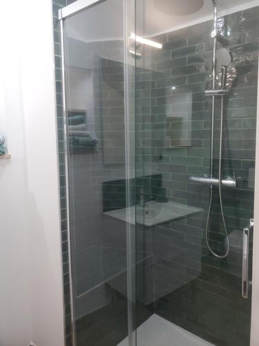 y baño con ducha acristalada y lavamanos. en Corbara ,Pietralta, en Corbara