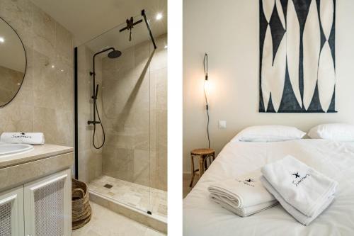 ein Bad mit einer Dusche, einem Bett und einem Waschbecken in der Unterkunft Fully Renovated Modern 2 bedroom apartment in Aloha Pueblo in Marbella