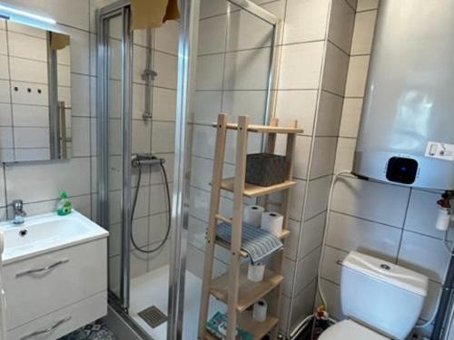 uma casa de banho com um chuveiro, um WC e um lavatório. em Appartement Quend, 2 pièces, 3 personnes - FR-1-730-22 em Quend