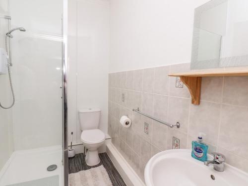 a bathroom with a toilet and a sink and a shower at 7 Beach View Beaconsfield House in Bridlington