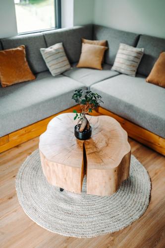 a living room with a coffee table and a couch at Goat's Paradise in Bohinj