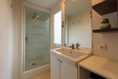 une salle de bain avec un lavabo et une douche dans l'établissement Le Mimosa, mobil-home climatisé au cœur du vignoble et à quelques mètres de la mer, à Hyères