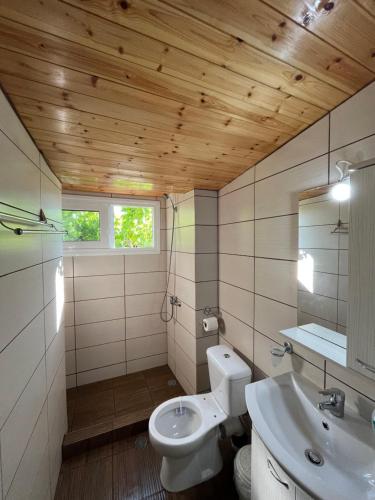 La salle de bains est pourvue de toilettes blanches et d'un lavabo. dans l'établissement Rodovani Cottage, à Antipaxos